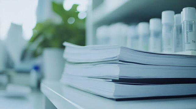 A stack of documents in a laboratory setting with background storage containers.