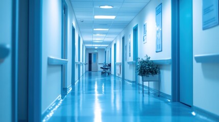 Fototapeta premium A sterile hospital corridor with blue lighting and a plant.