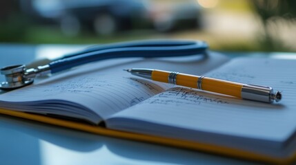 Fototapeta premium A stethoscope and a pen resting on an open notebook, suggesting medical or academic work.