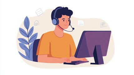 Wearing a headset and working at a computer, young man working in customer service.