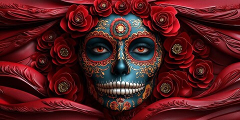Naklejka premium Colorful sugar skulls, intricate floral patterns, 3D illustration