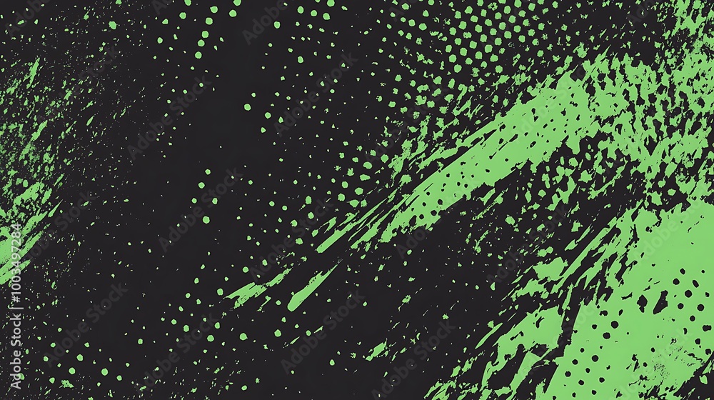 Poster abstract green and black background with grunge texture and dotted pattern.