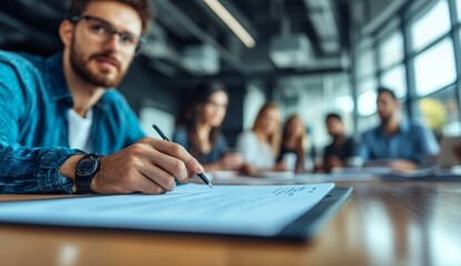 Obraz premium A businessman in glasses sits at a conference table with his team, taking notes during a meeting.