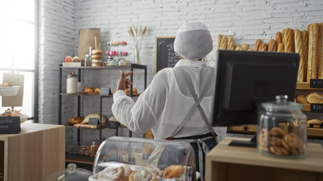 Woman wearing apron working in bakery shop making pastries and using register in a bright interior with bread and cookies on display