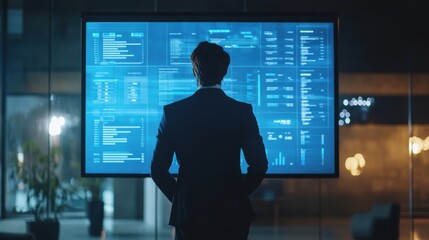 A corporate executive standing before a large virtual screen displaying a complex agenda