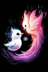 Obraz premium Two Fantasy Birds, One White and One Pink, in a Yin Yang Design on a Black Background