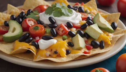 loaded nachos with peppers, cheese, black beans, sour cream and onions