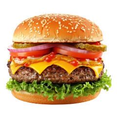 A juicy burger stacked high with fresh ingredients, resting on a clean white background for a mouthwatering appeal.