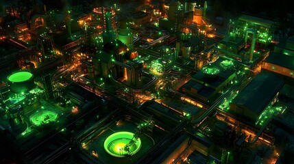 Obraz premium Industrial Complex at Night Green Lights Aerial View