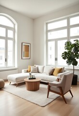 Naklejka premium Scandinavian Chic: Minimalist Home Decor with Warm Tones & Fiddle Leaf Fig - Create a Cozy, Modern Living Space with Nordic Design Elements