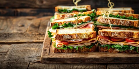 Club sandwiches presented on a weathered wooden tabletop