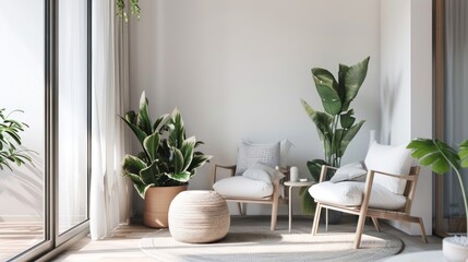 Minimalist Scandinavian style interior design with chairs and plants suitable for relaxing