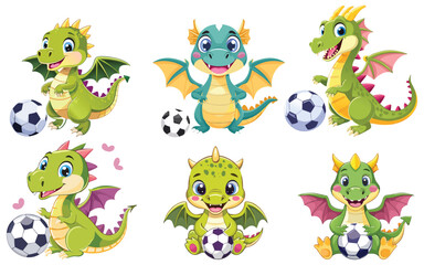 Cute funny vintage type baby dragon playing soccer ball vector illustration