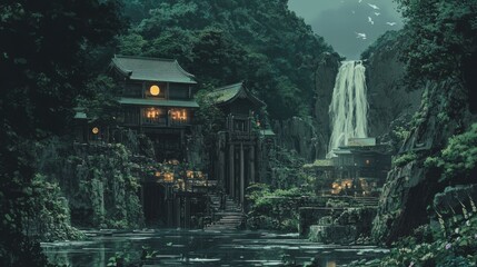 Obraz premium A dark and twisted representation of Yamauba lair deep in the Japanese mountains, filled with