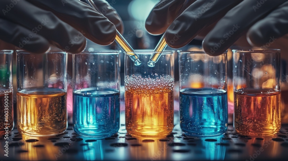 Poster chemist conducting experiments with colorful liquids using pipettes in a laboratory setting during e