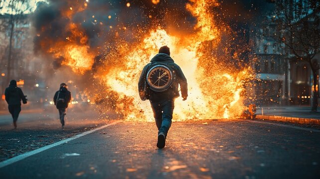 Running after time, alarm clock burning in fire, exploding rush hour 