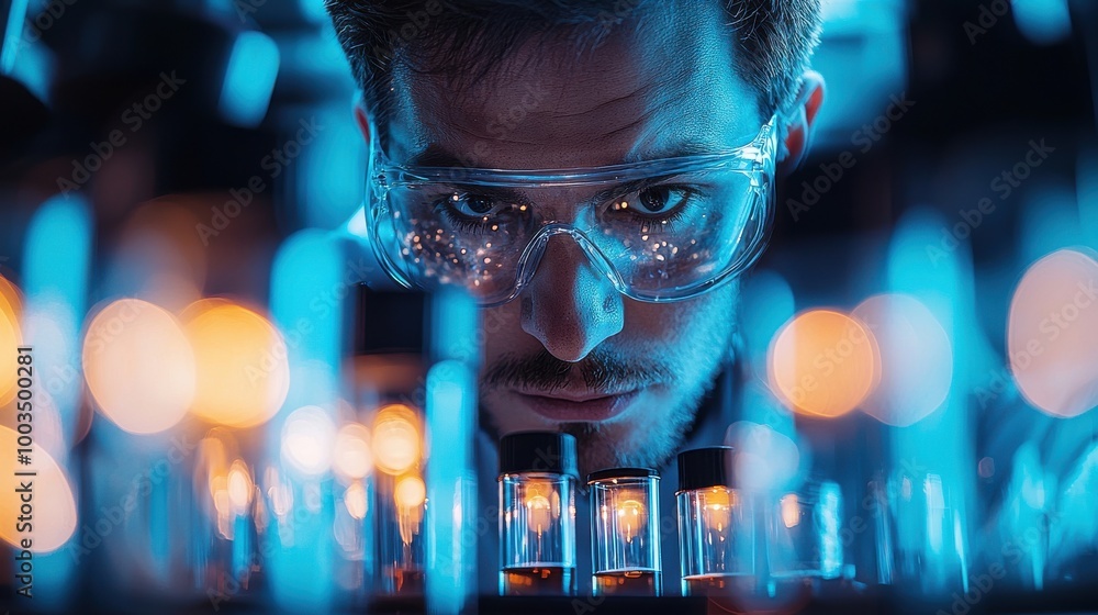 Poster a focused scientist conducts experiments in a laboratory using test tubes and bright fluorescence du