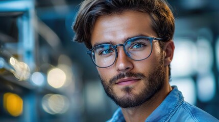 Obraz premium Young man with a stylish beard and glasses posing confidently in a modern indoor setting during the day