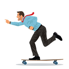 Businessman riding a skateboard isolated on white background