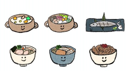 ふんわり可愛い手描き食べ物セット　和食