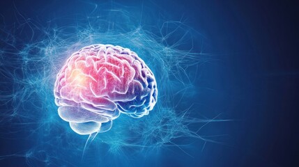 A stylized illustration of a brain with glowing effects on a blue background.
