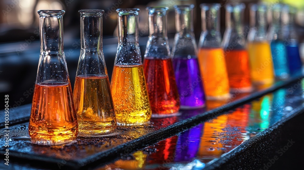 Poster colorful glass flasks containing various liquids arranged on a laboratory table during a scientific 