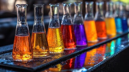 Colorful glass flasks containing various liquids arranged on a laboratory table during a scientific experiment in progress