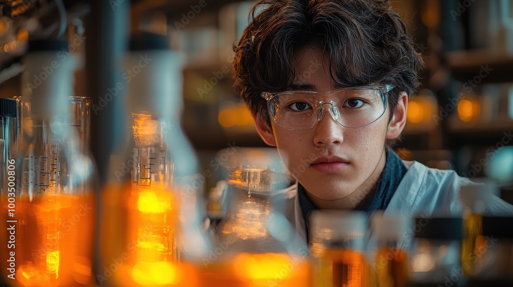 Poster young scientist conducting experiments in a laboratory filled with glowing liquids during an evening