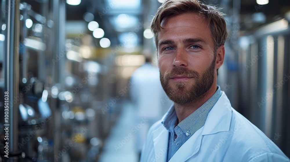 Poster a scientist in a lab coat smiles confidently while working in a high-tech laboratory filled with equ