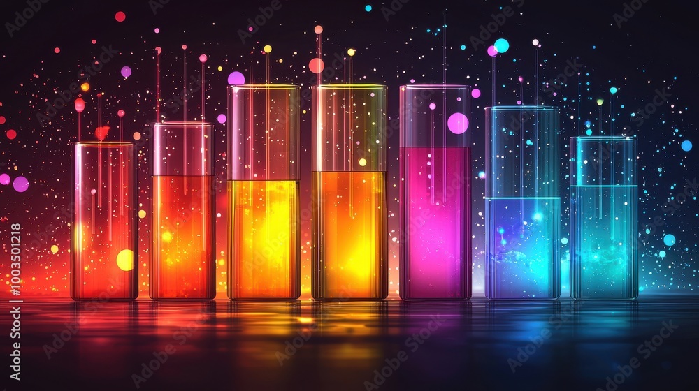 Poster colorful illuminated liquid containers arranged in a gradient of hues against a dark background with
