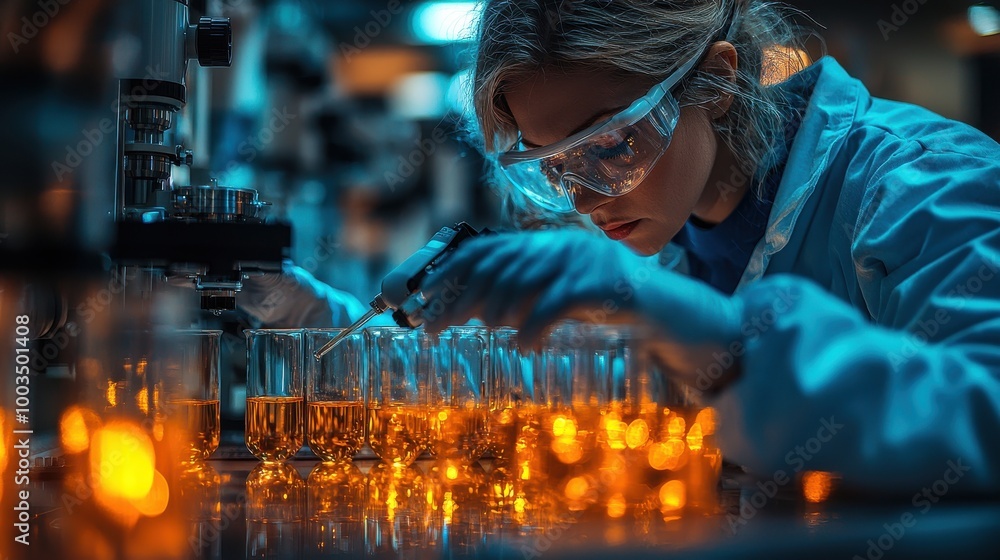Poster scientist conducting experiments with glowing liquids in a laboratory setting during nighttime resea