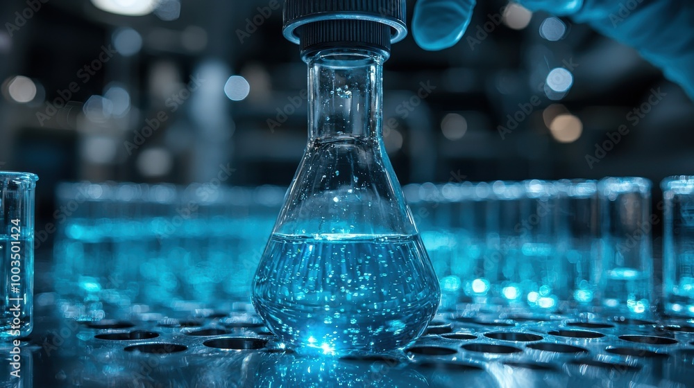Poster a laboratory technician carefully adds a reagent to a flask while conducting an experiment on a brig