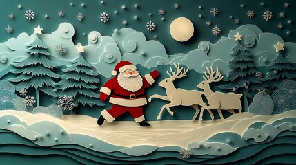 Paper-cut style Santa Claus skating hand in hoof with his reindeer on a frozen lake, snowflakes gently falling, stars twinkling in the sky,