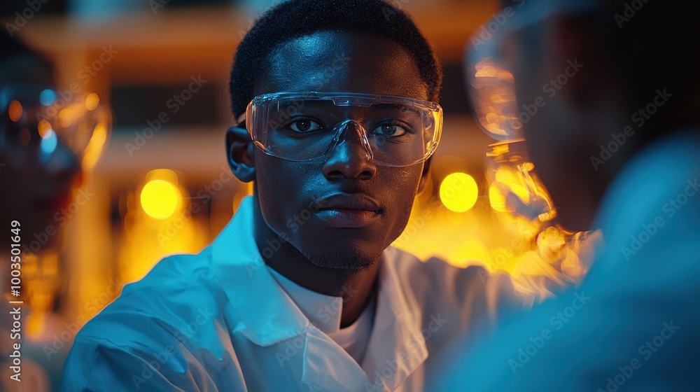 Poster focused scientist in a lab setting wearing safety goggles while engaged in experimentation during an