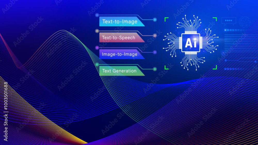 Poster ai tech, artificial intelligence to generate content, text to image, speech, smart ai, using command
