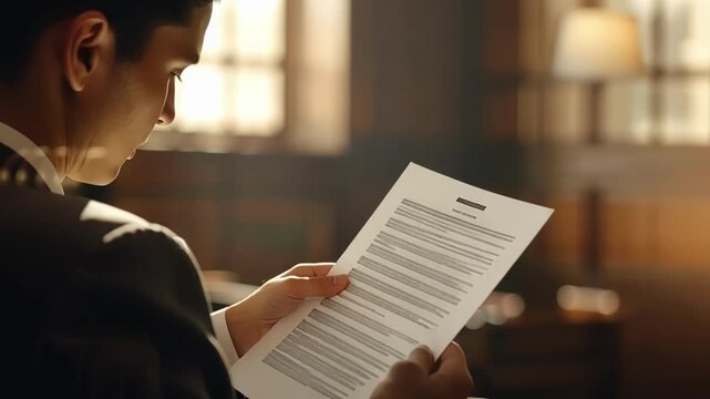 Focused lawyer examining legal documents in a busy courtroom, capturing the intensity of a legal case with elements of justice and law