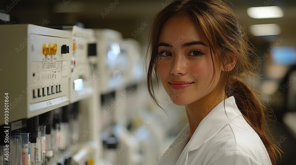 Poster young scientist smiling confidently while working in a modern laboratory during a busy day