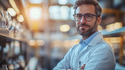 Obraz premium A confident scientist in a white lab coat smiles while standing in a well-lit laboratory filled with glassware during the day