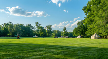 A camping tent on a grassy field