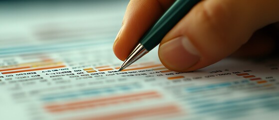A close-up of a hand holding a pen while analyzing data on a document filled with colorful charts and statistics.