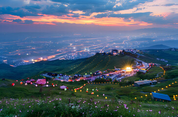 Camping base on the edge of the city at night