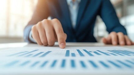 Business professional analyzing data on paper with a focused gesture, showcasing insights and strategic planning.