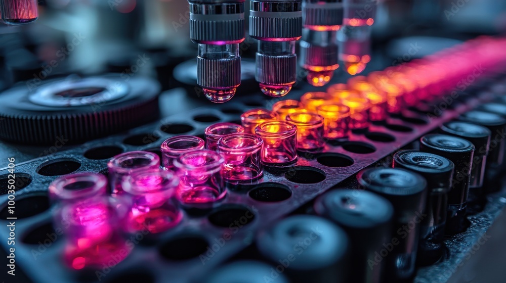 Poster laboratory analysis with precision pipettes dispensing colorful fluids into microtubes during scient