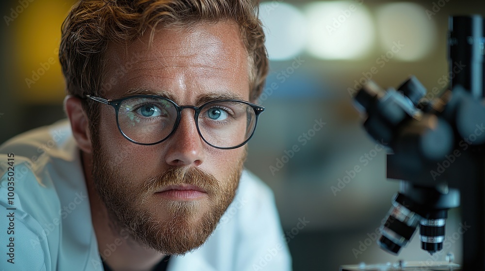 Poster focused scientist examining samples under a microscope in a modern laboratory environment during day