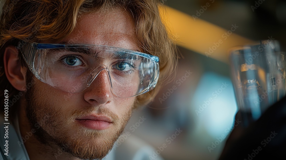 Poster young scientist in laboratory focuses intently while conducting an experiment with a clear beaker du