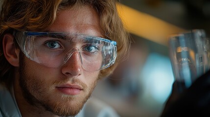 Young scientist in laboratory focuses intently while conducting an experiment with a clear beaker during daylight