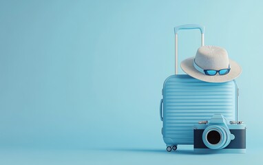 Obraz premium Pastel blue background with 3D blue suitcase, sunglasses, hat, and camera, travel theme, minimal design, photorealistic details, ultradetailed textures, highresolution