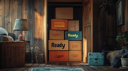 Stacked cardboard boxes inside closet with open doors, "Ready"
