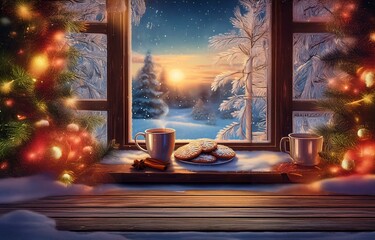 A window with frosted panes reveals a snowy winter landscape, with a warm glow emanating from the...