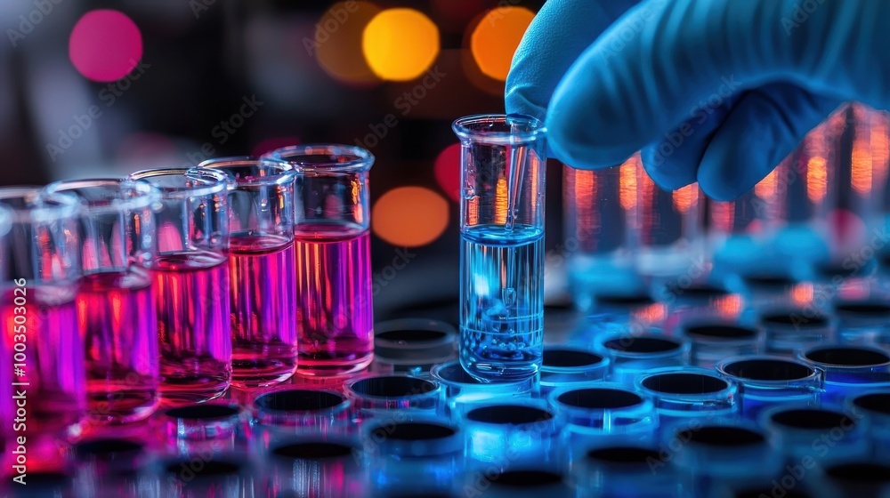 Poster scientist conducting an experiment with colorful liquids in test tubes during a laboratory session a